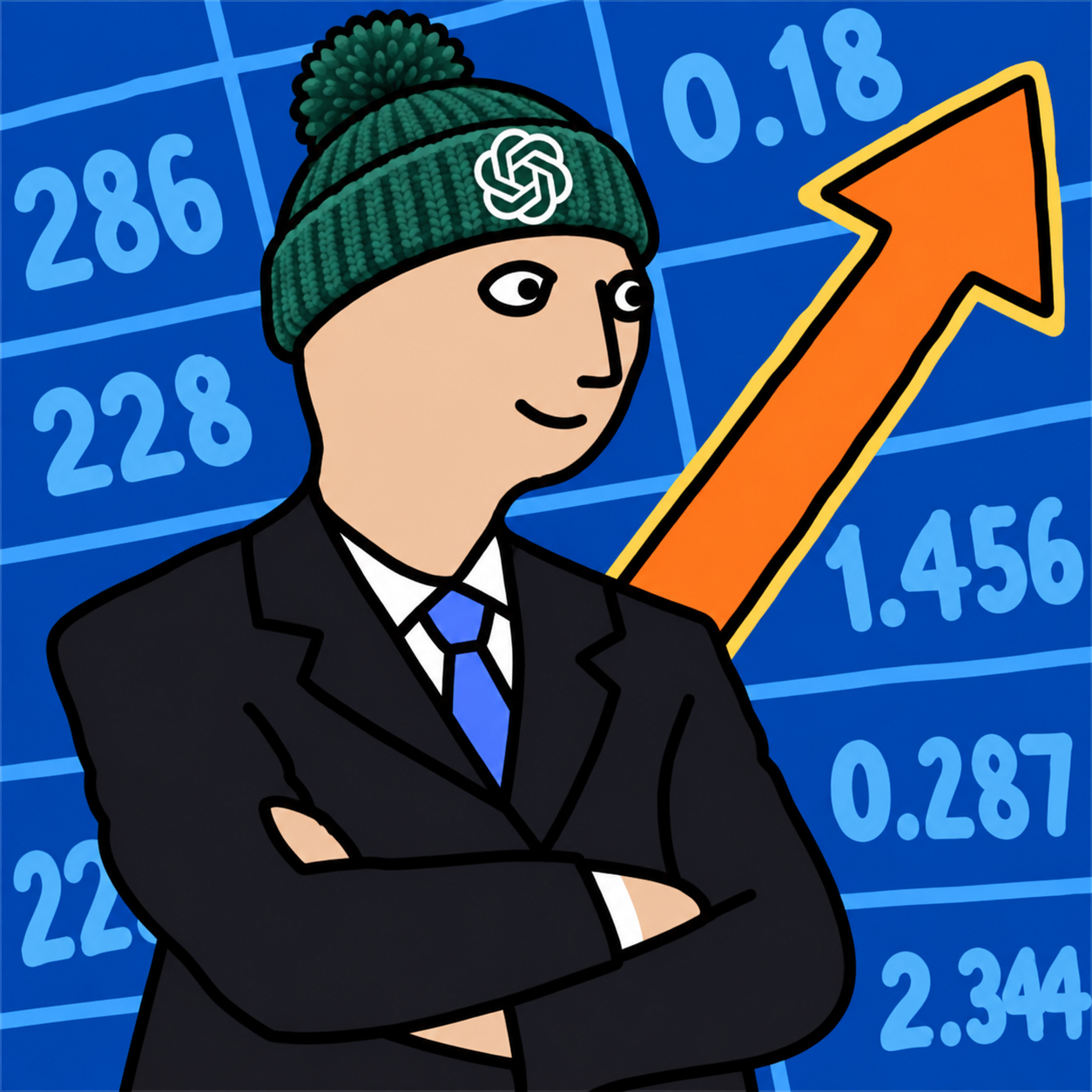 GPTStunk meme character in a green beanie, with a blue chart and an orange arrow in the background